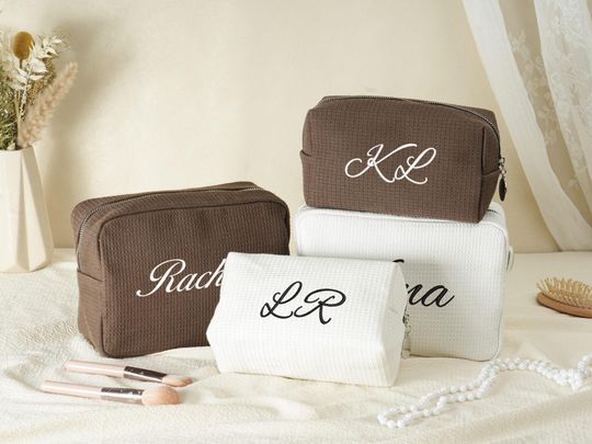 Embroidered Waffle Cosmetic Bag: Personalized Monogram Toiletry Bag, Bridesmaid Makeup Bag, Bridal Shower Gift, Gift for Her, Gift for Women