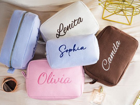 Personalized Embroidered waffle cosmetic bag,Monogrammed Makeup Bag,Bridesmaid gifts,Custom name toiletry bag,Bridal Party Makeup Bag Gift