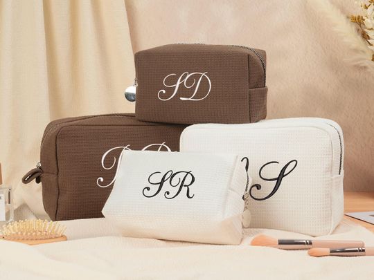 Personalized Waffle Cosmetic Bag, Embroidered Monogram Toiletry Bag, Bridesmaid Gift