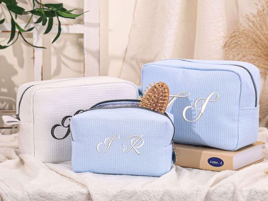 Personalized Waffle Cosmetic Bag: Embroidered Monogram Travel Makeup Bag,