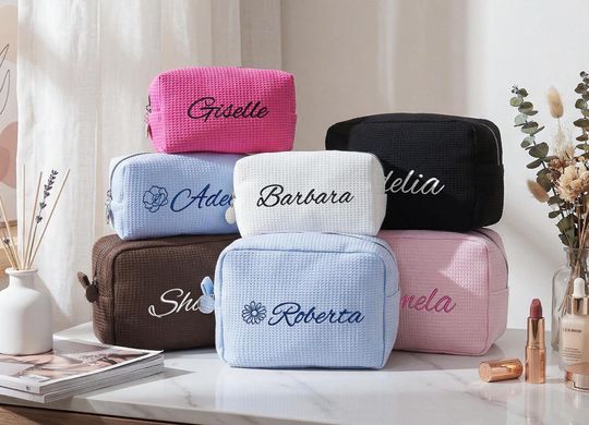 Personalized Name Waffle Cosmetic Bag,Custom Toiletry Bag,Embroidered Monogram Makeup Bag,Bridesmaid Makeup Bag,Christmas gift,Gift for her