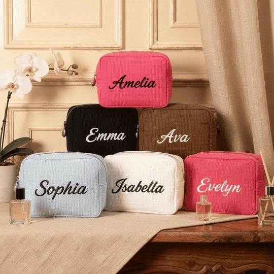 Personalized Embroidered Waffle Cosmetic Bag  Custom Name Gift