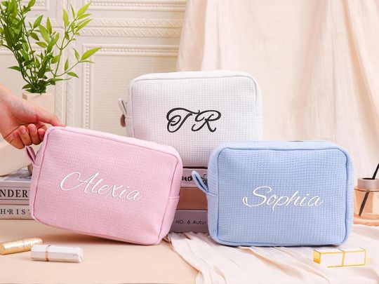 Personalized Waffle Cosmetic Bag, Embroidered Monogram Toiletry, Bridesmaid Makeup
