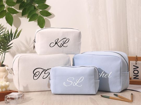 Personalized Embroidered Waffle Weave Cosmetic Bag, Custom Monogram, Bridesmaid Bag