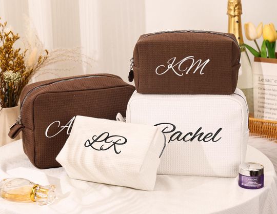 Embroidered Waffle Cosmetic Bag,Monogrammed Makeup Pouch,Bridesmaid Gift Bag