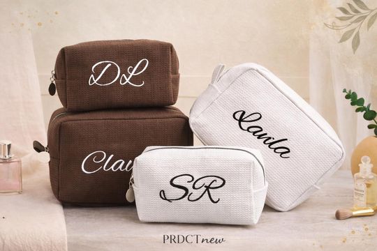 Personalized Waffle Cosmetic Bag,Bridesmaid Makeup Bag,Embroidered Monogram Toiletry Bag,Bridesmaid Gifts,Bridal Shower Gift,Gift for her