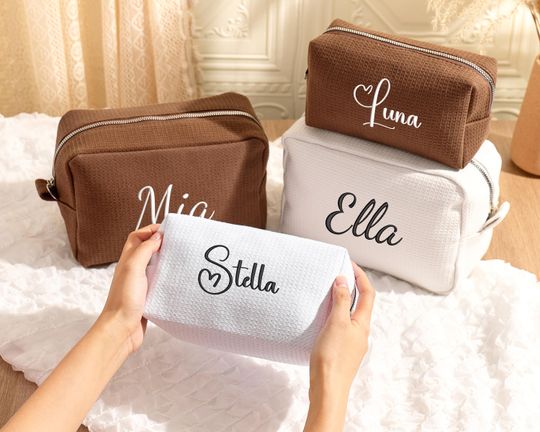 Embroidered Name Waffle Makeup Bag, Custom Cosmetic Bag,Beauty Makeup Bag,Bridesmaid Monogrammed Toiletry Bag, Makeup Bag, Bridesmaid Gift