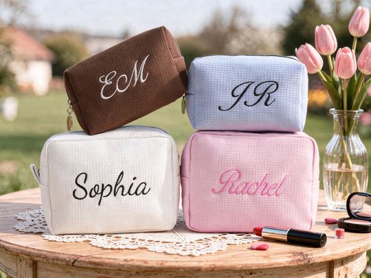 Custom Bridesmaid Waffle Makeup Bag,Bridesmaid Gift Bag,Monogramed Toiletry Makeup Bag,Embroidered Waffle Cosmetic Bag,Gift for Her