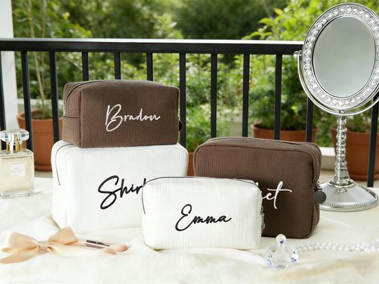 Embroidered Waffle Cosmetic Bag,Personalized Monogram Toiletry Bag,Bridesmaid Makeup Bag,Bridal Shower Gift,Gift for Her