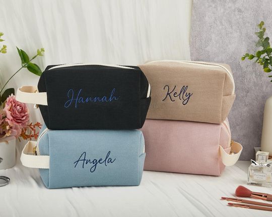 Discover Personalized Waffle Cosmetic Bag,Custom Name Toiletry Bag,Embroidered Monogram Makeup Bag,Bridesmaid Makeup Bag,Gift for her,Christmas gift