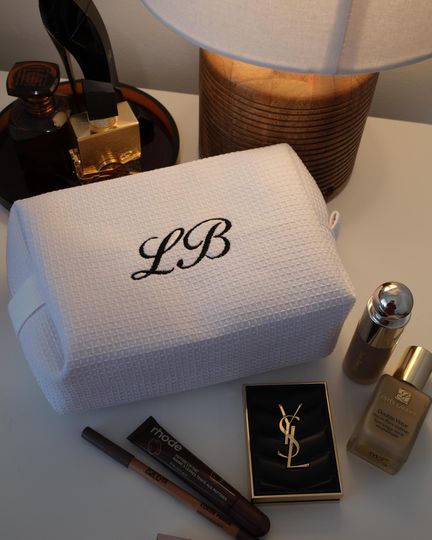Embroidered Monogram White Waffle Makeup Bag | Personalized Cosmetic Bag