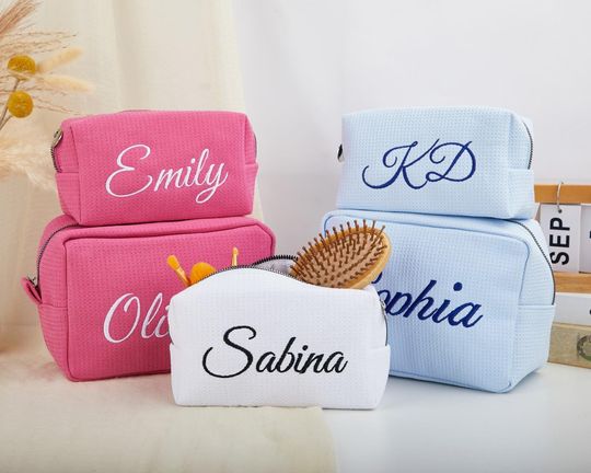 Personalized Waffle Cosmetic Bag, Embroidered Monogram Toiletry Bag