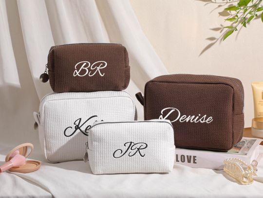 Embroidered Monogram Makeup Bag, Personalized Waffle Cosmetic Bag, Name Toiletry Bag, Bridesmaid Makeup Bag, Gift for her