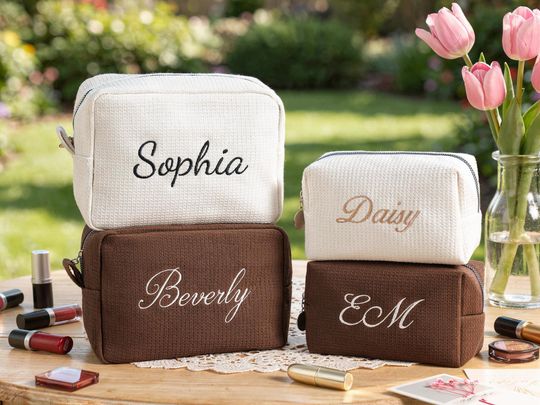 Custom Waffle Makeup Bag,Bridesmaid Gift Bag, Custom Name Toiletry Bag,Monogramed Makeup Bag,Embroidered Waffle Cosmetic Bag,Gift for Her
