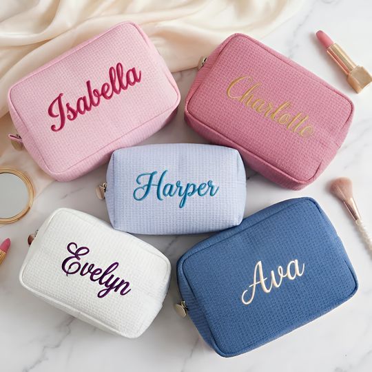Discover Embroidered Waffle Cosmetic Bag, Personalized Monogram Toiletry Bag, Bridesmaid Makeup Bag, Bridal Shower Gift, Gift for Her