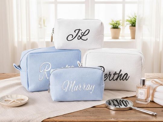 Custom Name Toiletry Bag, Embroidered Cosmetic Bag, Personalized Waffle Weave Toiletry Bag, Gift for Her, Bridesmaid Proposal Gifts