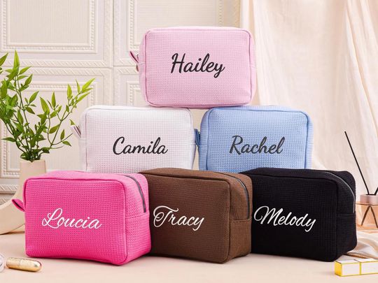 Embroidered Waffle Cosmetic Bag, Personalized Monogram Travel Toiletry Organizer