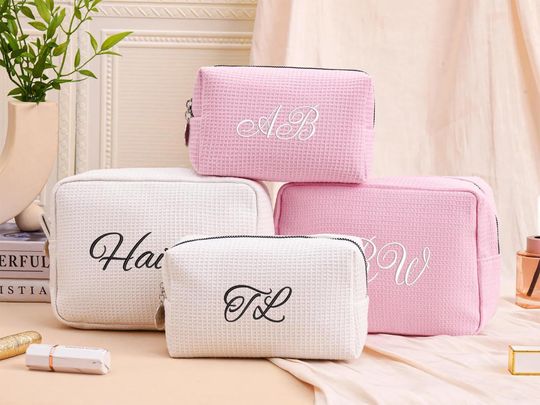 Discover Personalized Waffle Cosmetic Bag,Bridesmaid Makeup Bag,Toiletry Bag,Embroidered Monogram Toiletry Bag,Bridal Shower Gift,Gift for Her