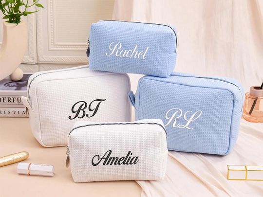 Embroidered Waffle Cosmetic Bag,Custom name toiletry bag,Bridal Shower,Travel Organizer,Monogram Makeup Bag,Gift for Women,Bridesmaid Gift