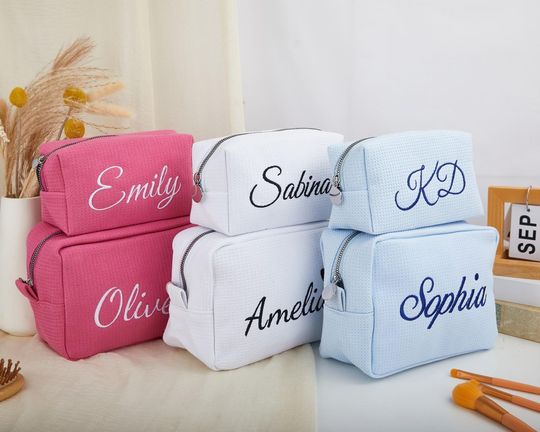 Custom Embroidered Waffle Cosmetic Bag Personalized Monogram Travel Toiletry Pouch Bridal Bachelorette