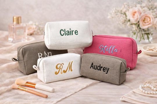 Personalized Waffle Cosmetic Bag, Embroidered Monogram, Bridesmaid Gift