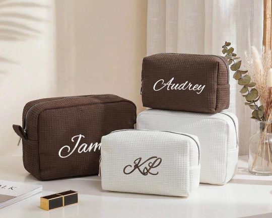 Personalized Waffle Cosmetic Bag,Custom Name Toiletry Bag,Embroidered Monogram Makeup Bag,Bridesmaid Makeup Bag,Christmas gift,Gift for her