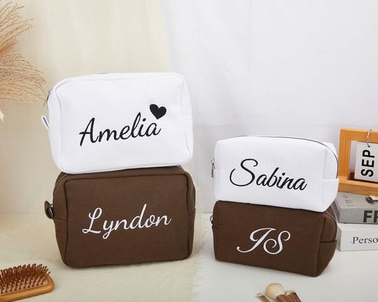 Personalized Waffle Weave Cosmetic Bag: Embroidered Monogram Gift