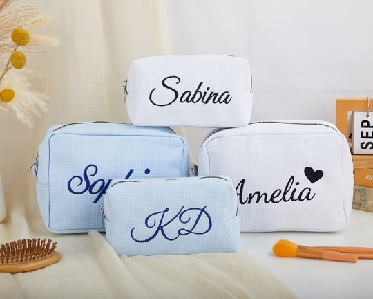 Personalized Waffle Weave Cosmetic Bag: Embroidered Monogram Makeup Bag,Custom Name Toiletry Bag,bachelorette party gifts,Christmas gift