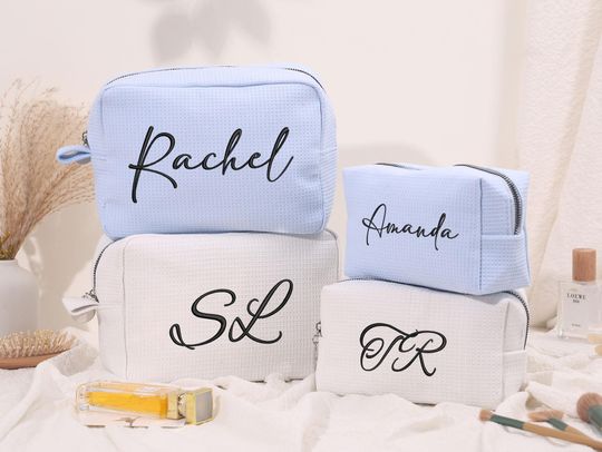 Monogram Waffle Cosmetic Bag: Hand-Embroidered Personalized Toiletry Bag