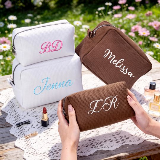 Embroidered Bridesmaid Waffle Makeup Bag, Personalized Monogramed Toiletry Makeup Bag,Bridesmaid Gift Bag, Waffle Cosmetic Bag, Gift for Her