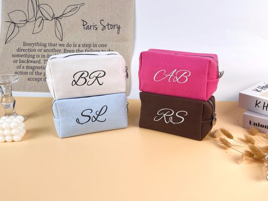 Embroidered Monogram Makeup Bag, Personalized Waffle Cosmetic Bag, Bridesmaid Gift