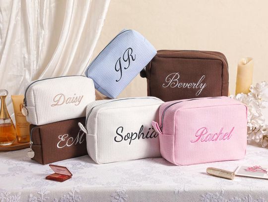 Personalized Waffle Makeup Bag Custom Name Cosmetic Pouch Travel Toiletry Bag Embroidered Initial Bag Bridesmaid Gift Bridalparty Gifts