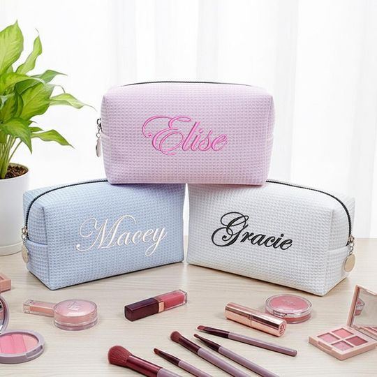 Discover Personalized Waffle Cosmetic Bag: Embroidered Monogram, Eco-Friendly