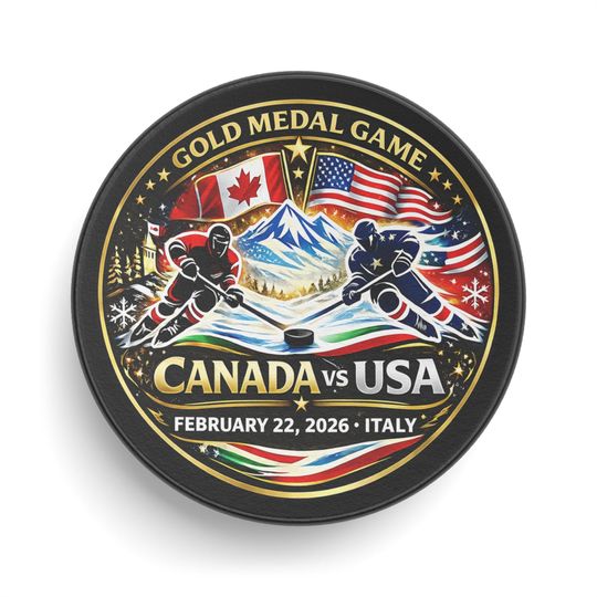 Canada vs USA Gold Medal Game 2026 Souvenir Hockey Puck, February 22 2026 Italy Championship Collectible, USA Canada Rivalry Puck