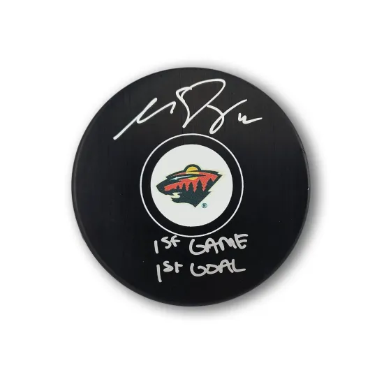 Matt Boldy Autographed Minnesota Wild Hockey Puck Inscribed 1st Game 1st Goal