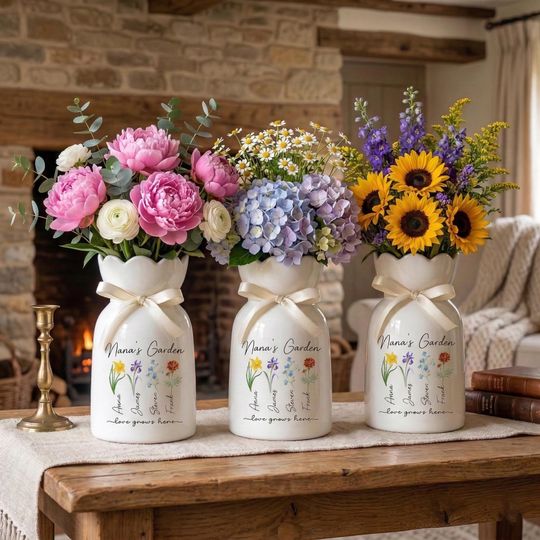 Personalized Love Grows Here Vase, Custom Birth Flower Vase for Mom, Mother's Day Gift for Gigi, Grandma's Garden Vase with Children's Names