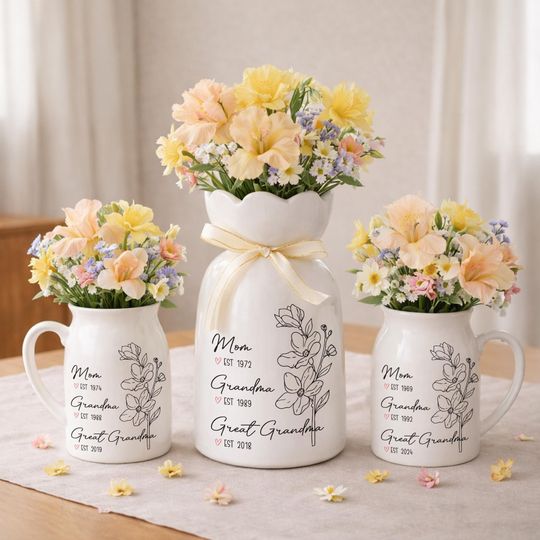 Personalized Mom Flower Vase, Mothers Day Gift for Mum, Custom Birth Year Mom Grandma Vase, Ceramic Flower Vase Gift for Mother