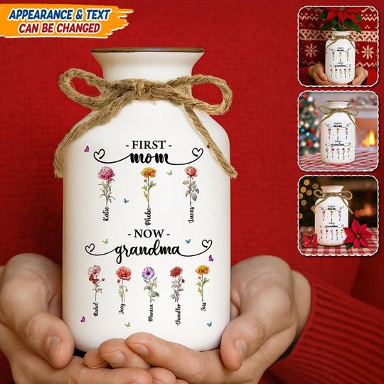 First Mom Now Grandma Flower Vase, Personalized Ceramic Vase with Birth Flowers, Custom Family Gift, Grandma Birthday Gift
