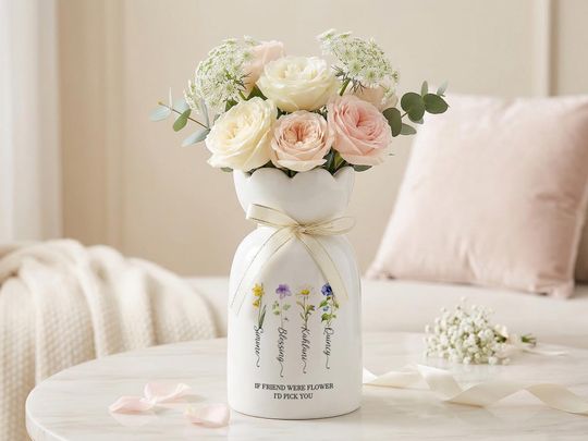 Personalized Birth Flower Vase, Custom Name Friendship Gift, Ceramic Flower Pitcher