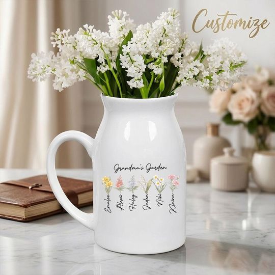 Personalized Grandma Flower Vase, Custom Mama Garden Vase, Birth Flower Vase with Names, Ceramic Vase Gift for Mom, Mothers Day Gift