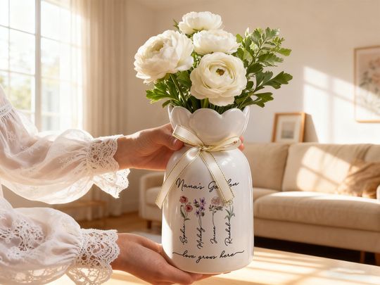 Custom Grandma's Garden Vase,Vase with Name, Vase with handle,Custom Name Ceramic Vase,Christmas Gift For Mom, Gift for MomGift for Grandma