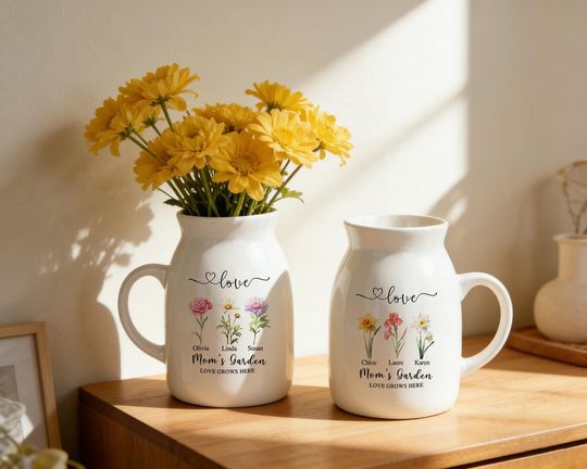 Personalized Birthflower Vase,Minimalist Vase,Ceramic Flower Vase,Mothers Day Gift from Kids Grandkids,Birth Month Vase,Flower Garden Vase