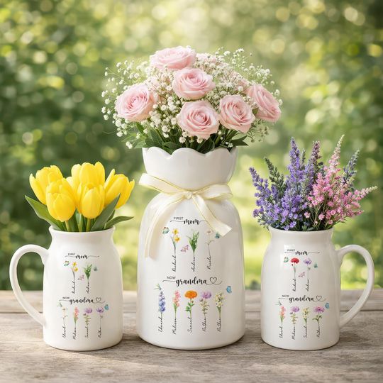 Personalized First Mom Now Grandma Birth Flower Bloom Vase, Custom Name Ceramic Floral Gift