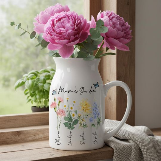 Personalized Mama's Garden Birth Flower Ceramic Vase, Custom Family Keepsake