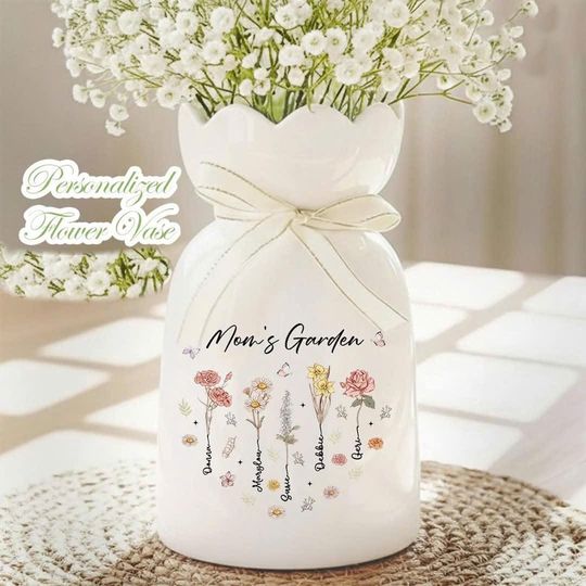 Personalized Mom's Garden Ceramic Flower Vase: Kids Birth Month Flowers