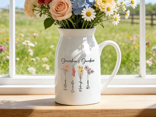 Personalized Birthflower Vase, Minimalist Flower Pot,Ceramic Grandma Garden Vase,Mothers Day Gift