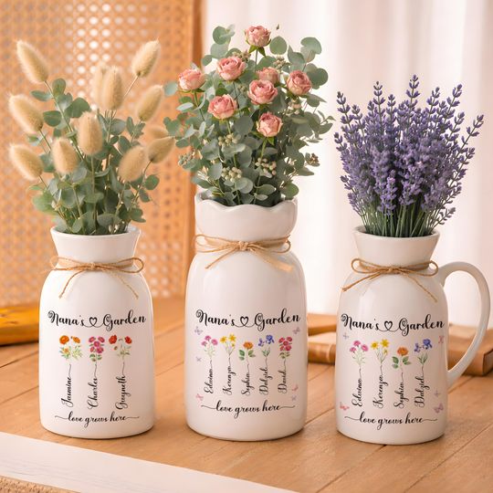 Personalized Nana Birth Flower Vase  Custom Nanas Garden Ceramic Flower Vase, Mothers Day Gift for Nana