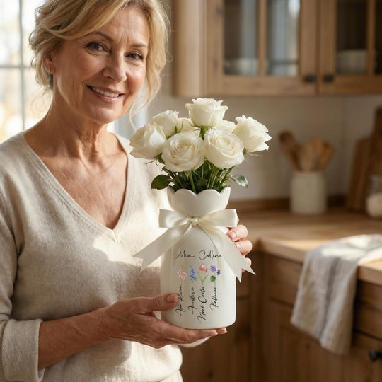 Custom Birth Flower Ceramic Vase, Personalized Mother's Day Gift, Garden Decor