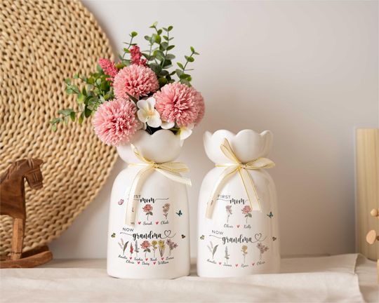 First Mom Now Grandma Flower Vase, Birth Month Flower Vase, Grandma's Garden Vase, Birthday Gifts for Mom Nana Nanny, Mothers Day Gifts