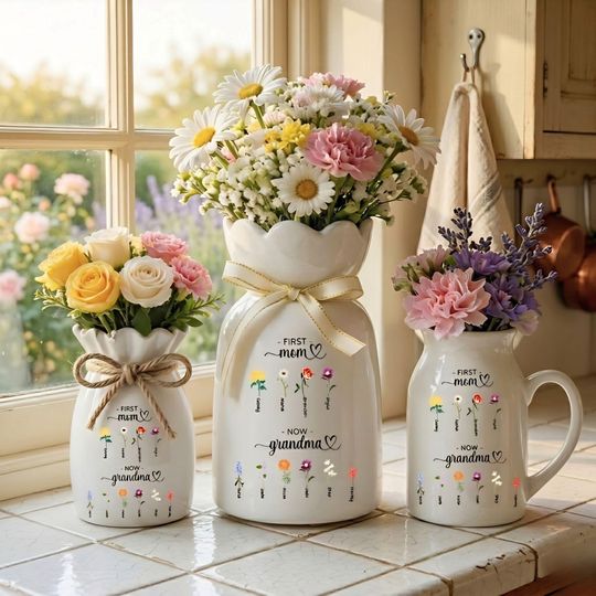 Personalized First Mom Now Grandma Birth Flower Vase, Custom Flower Keepsake With Name Vase, Unique Gift for Mother/Nana/Nanny/Grandma